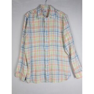 Alan‎ Paine 100% Linen Shirt Mens M Button Up Casual Plaid Long Sleeve Casual